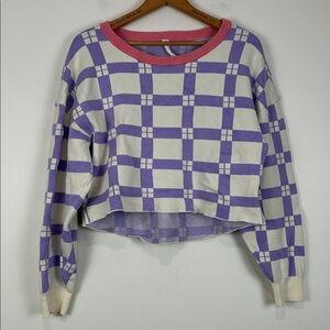Daily Practice Anthropologie Women’s Medium Sweater Crop Purple White Checker